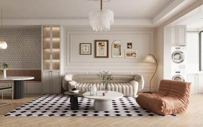 法式轻奢客厅 沙发茶几组合 多人沙发 茶几 吊灯 懒人沙发